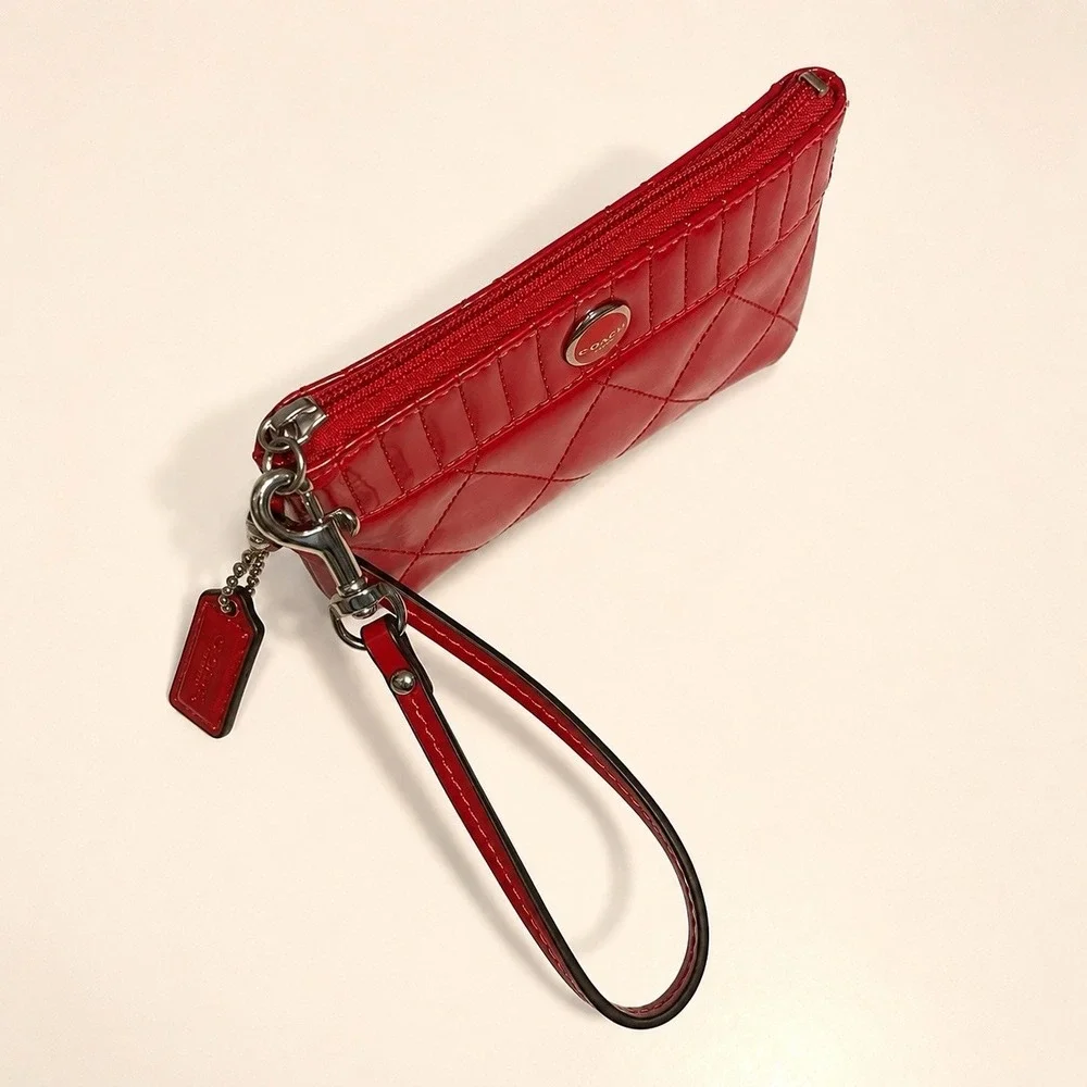 Coach Red Patent Leather Quilted Wristlet Coin Purse Wallet